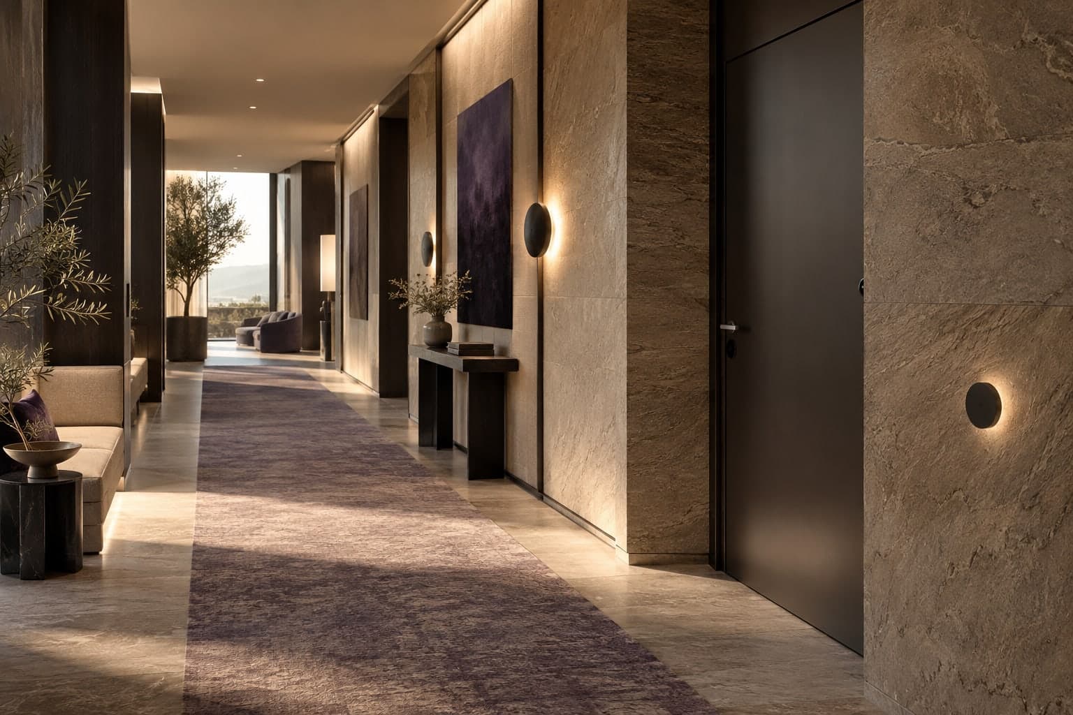 Conceptual hotel corridor with a service-access door.