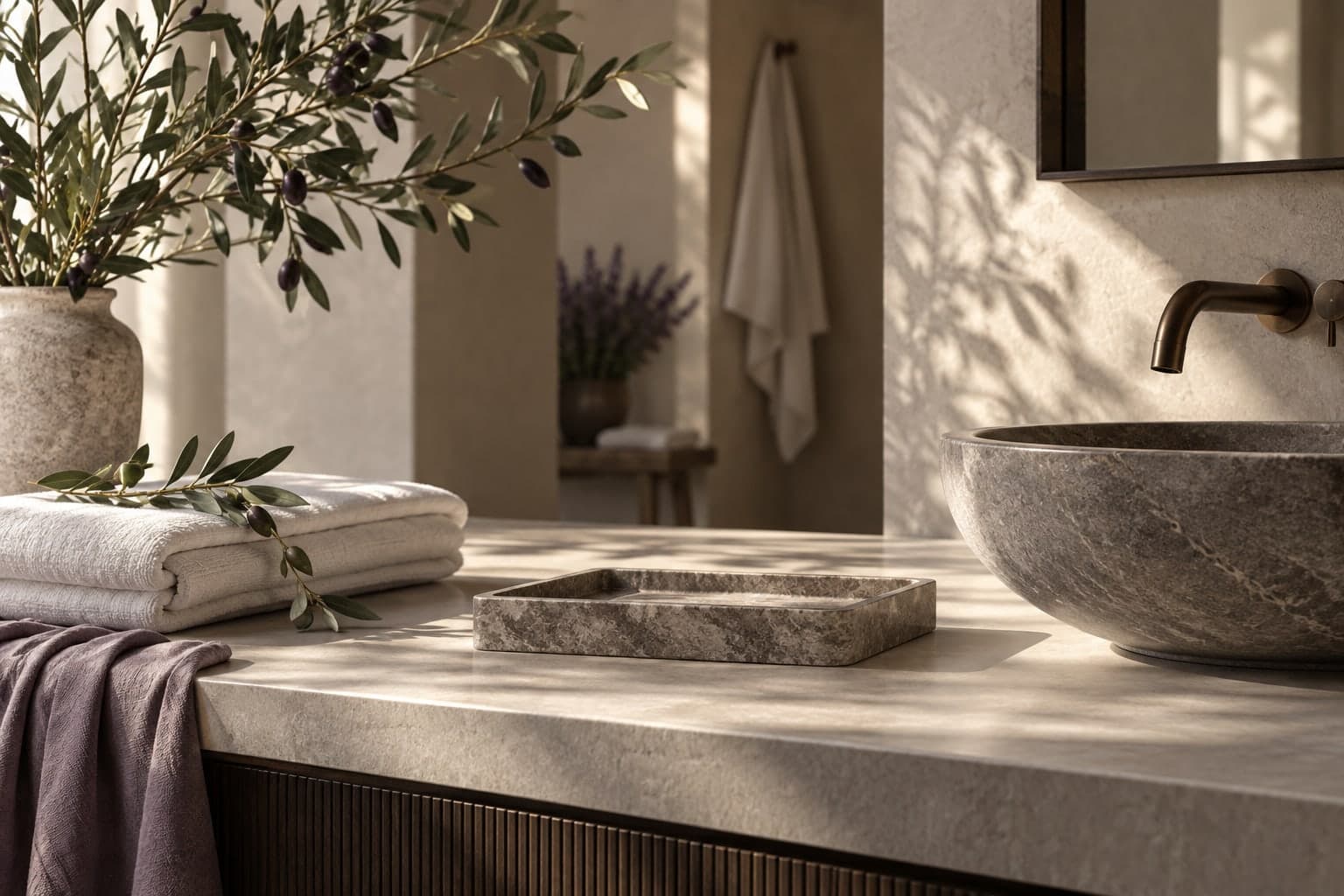 Illustrative bathroom with linen and olive branches.