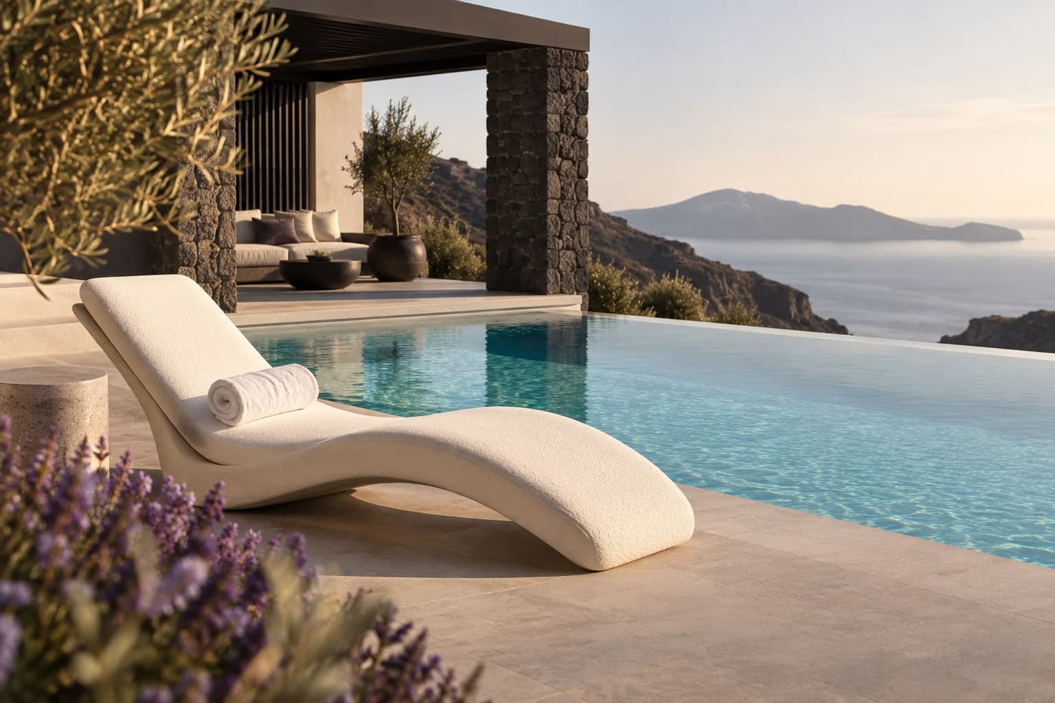 Illustrative resort pool with a sun lounger and towel.