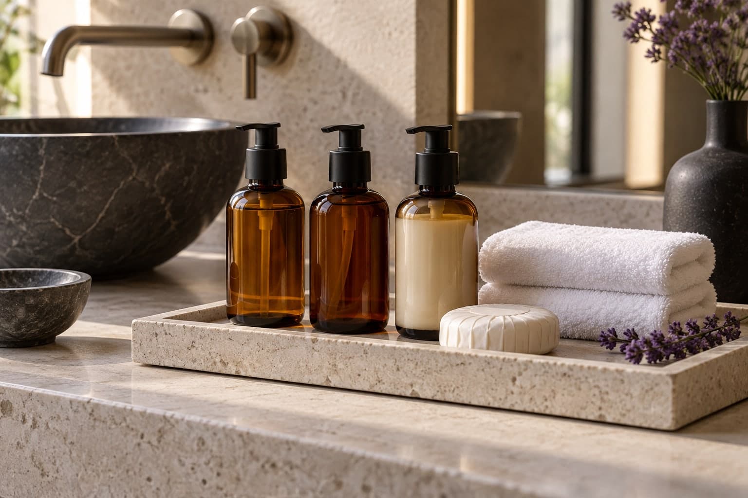 Illustrative bath and body amenities with folded towels on a stone tray.