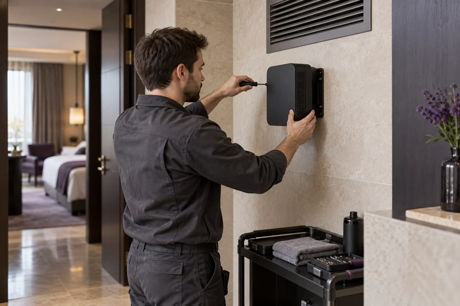 Illustrative technician installing a wall-mounted scent diffusion unit.