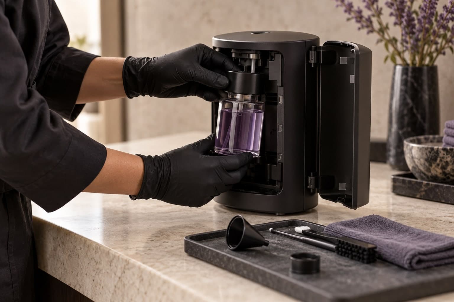 Illustrative hands servicing a scent diffuser and fragrance reservoir.
