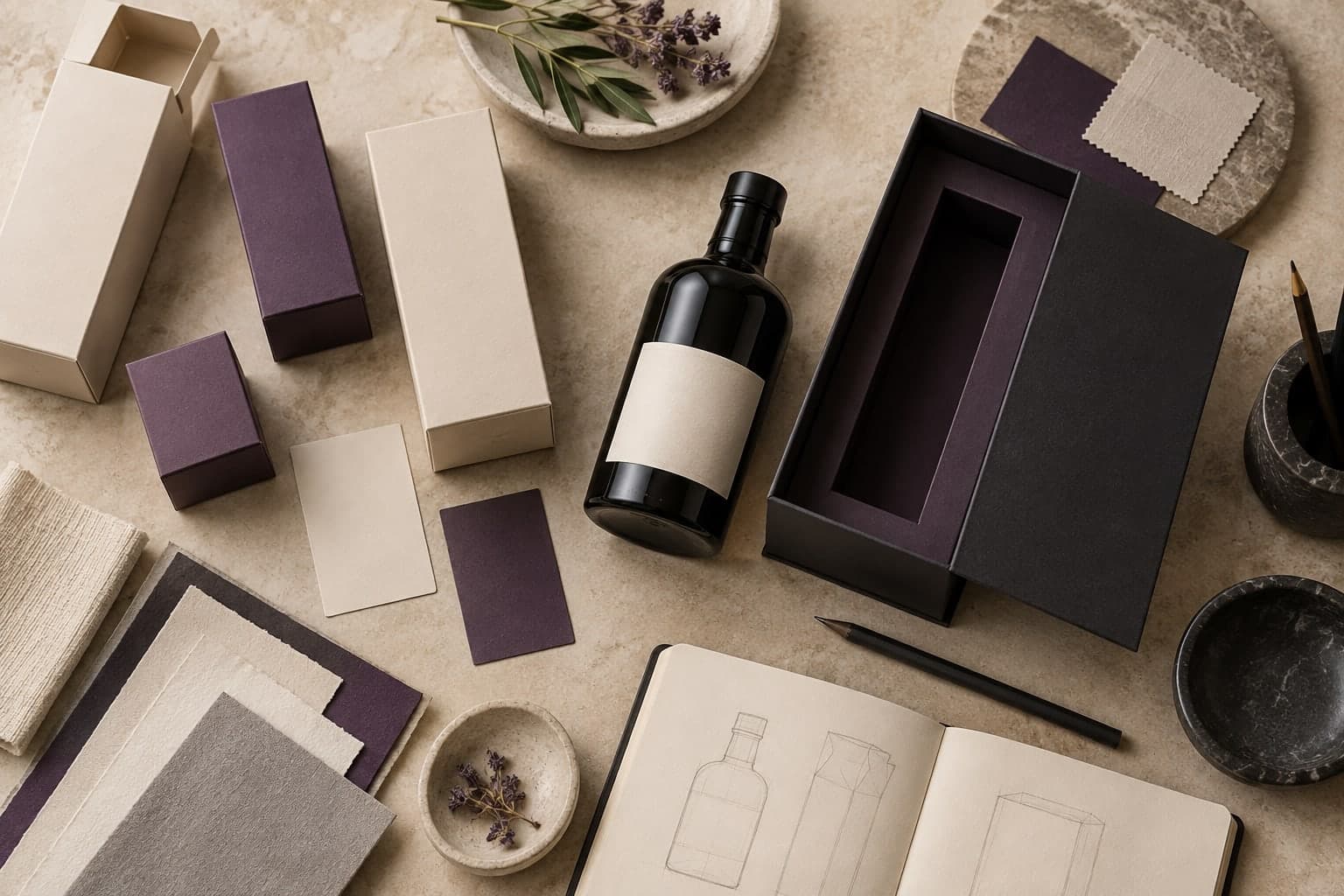 Illustrative custom packaging prototypes, bottles and material swatches.