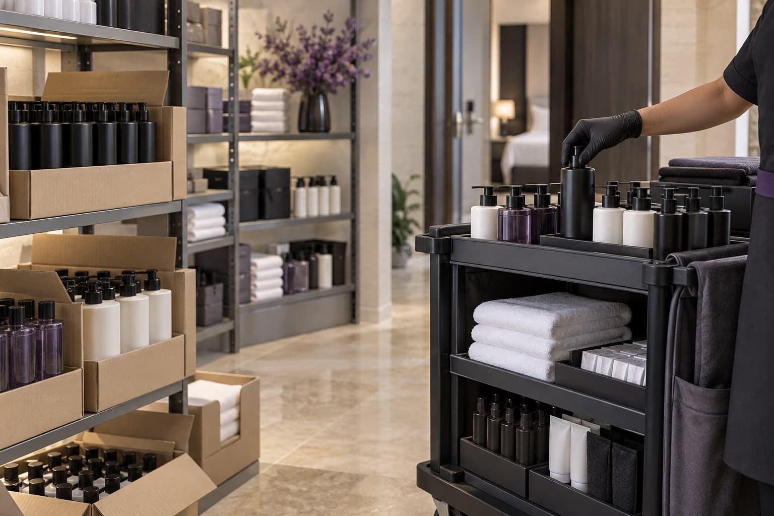 Illustrative amenity supplies being restocked on a housekeeping trolley.