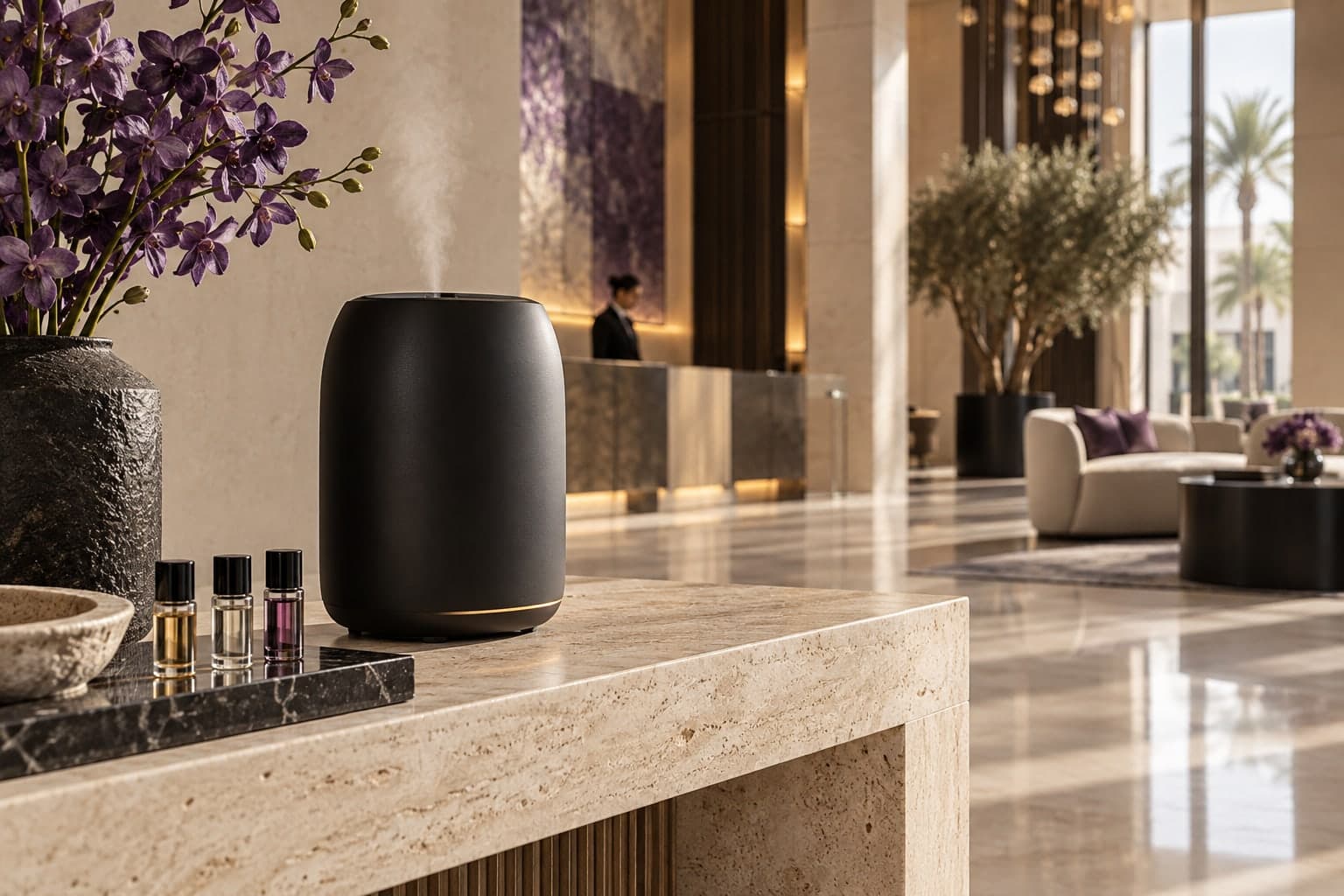 Illustrative black scent diffuser and fragrance samples in a hotel lobby.
