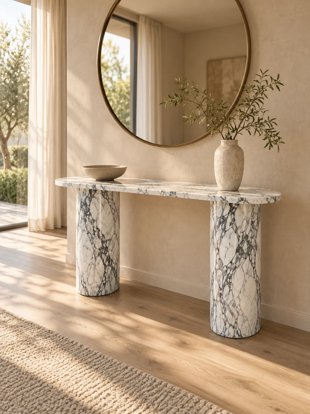Arabescato marble console with rounded top and pedestal legs in a sunlit entryway — design visualisation