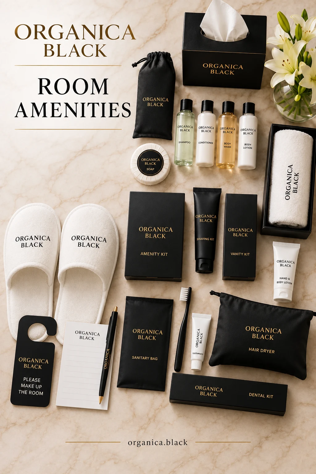 ORGANICA BLACK Black & Gold Room Amenities — packaging design visualisation