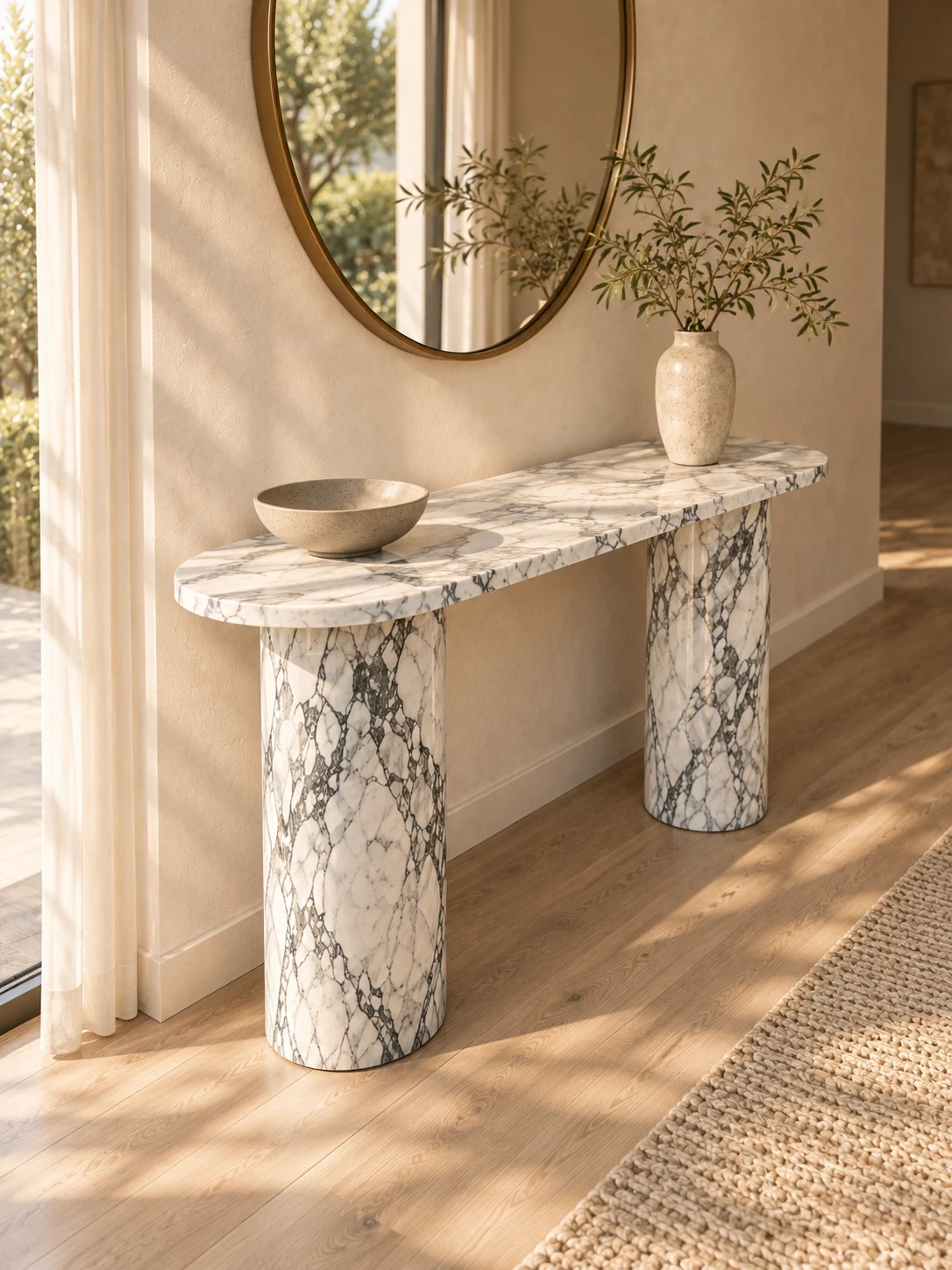 Left-side view of the Arabescato marble console — design visualisation